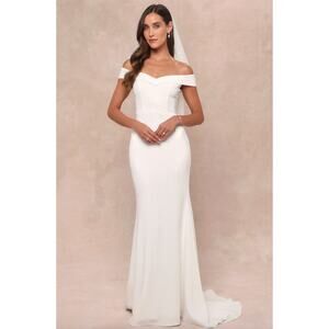 Lulus Arienne White Off-the-Shoulder Mermaid Maxi Dress Wedding Medium NWT